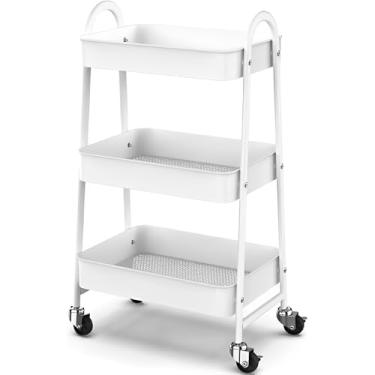 Imagem de Carrinho Organizador Multiuso com 3 Andares e Rodinhas – Prateleira Estante de Metal Branco para Cozinha, Lavanderia, Banheiro ou Escritório, Ideal para Organização Versátil