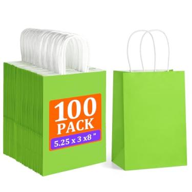 Imagem de BagDream 100 sacos de presente verdes 13 x 8 cm pequenos sacos de presente de papel kraft com alças a granel, aniversário, casamento, chá de bebê, lembrancinha de festa de varejo, sacos de papel