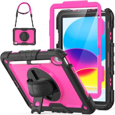 Imagem de HXCASEAC Capa para iPad (A16) 11ª/10ª geração 2025/2022, com suporte para lápis, protetor de tela, alça de mão, proteção resistente para iPad 10, capa A2696/A2757/A2777/A3354/A3355, rosa