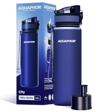 Imagem de AQUAPHOR Garrafa de água filtrada City em Tritan livre de BPA - Portátil com filtro purificador de água integrado 500 ml - Azul marinho