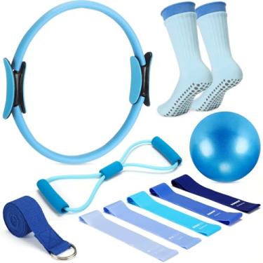Imagem de Silipull Conjunto de 6 anéis de Pilates e conjunto de bola de 35,5 cm círculo mini bola de exercício 5 faixas de resistência alongamento equipamento de pilates kit de equipamento de treino doméstico