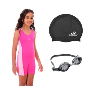 Imagem de Kit Maiô Macaquinho Natação Infantil Touca Silicone Grande + Óculos Uv (Pink/Rosa - Touca Preto, 10)