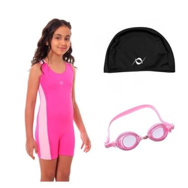 Imagem de Kit Maiô Perninha Infantil Juvenil Óculos UV Touca Tecido Infantil (Rosa - Touca Preto, 16)