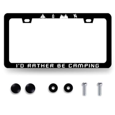 Imagem de I'd Rather Be Camping Moldura de placa de licença Adventure Awaits Camp Suporte de placa de licença aço inoxidável à prova de ferrugem peças automotivas engraçadas decoração de placa de licença