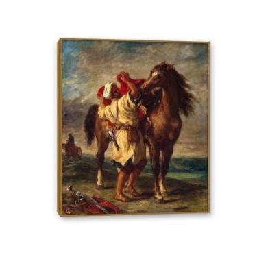 Imagem de Impressão de reprodução de pinturas famosas em tela, árabe selando seu cavalo, pôster vintage para decoração de sala de estar, coleção de arte clássica, moldura de teca de 40 x 30 cm (16 x 12 pol)