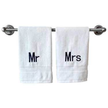 Imagem de Toalhas de mão brancas com monograma para banheiro - Toalha bordada inicial personalizada de qualidade de hotel de luxo para lavabo, spa - Certificado orgânico GOTS - Conjunto de 2 Navy Mr & Mrs
