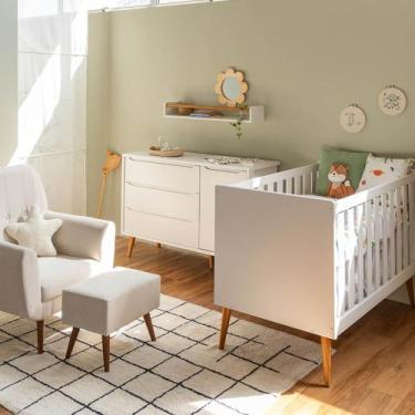 Imagem de Kit Quarto Theo com Pés Retrô Mel - Berço + Cômoda 3 Gavetas e 1 Porta