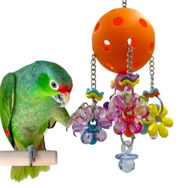 Imagem de GILYGI Brinquedo de bola de plástico colorido com chupetas e flores de acrílico para papagaio médio quaker monge periquito solar (laranja)