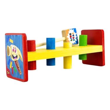Imagem de Brinquedo Educativo Bancada de Madeira, Bate Pinos com Martelo, Jogo Pedagógico Infantil Colorido Bebês