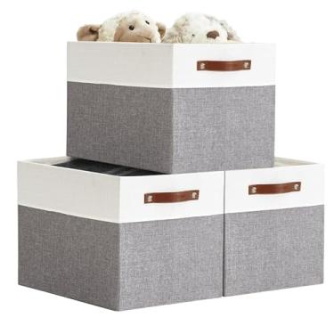 Imagem de Caixas organizadoras DECOMOMO em formato de cubo, cestos para organização de prateleiras (cinza e branco, 33 x 38 x 33 cm) – 3 unidades