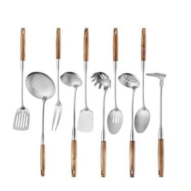 Imagem de Lazycorner Conjunto de utensílios de cozinha de aço inoxidável com cabo de madeira 304, conjunto de 10 utensílios de cozinha, cabo de madeira resistente ao calor, espátula wok de aço inoxidável