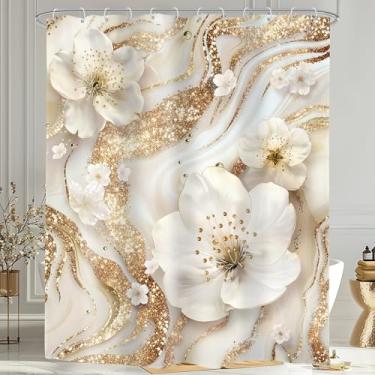 Imagem de Omifly Cortina de chuveiro de mármore branco e dourado 182 cm L x 192 cm abstrata moderna flor de cerejeira floral textura de tinta simples luxo com 12 ganchos de plástico tecido impermeável