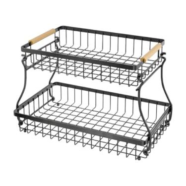 Imagem de Baoblaze Cesta de frutas de metal, organizador de fruteiras, bandeja multiuso para armazenamento de cebola e alho, alça de madeira, organizador de ferro, Preto