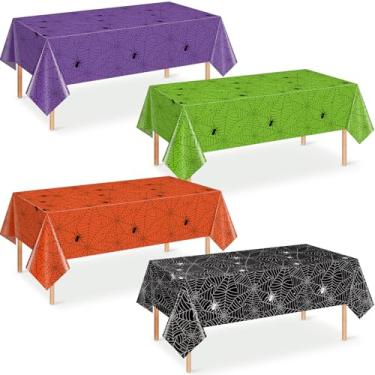Imagem de Denwiller 4 peças de toalhas de mesa de teia de aranha de Halloween, decorações de festa, toalhas de mesa multicoloridas descartáveis de teia de aranha assustadora, capa de mesa para aniversário de