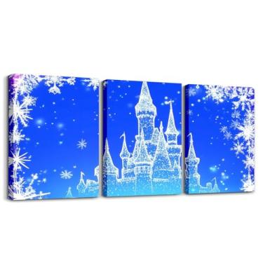Imagem de Feelyou Castelo de floco de neve infantil arte de parede em tela para sala de estar azul castelo decoração de parede para banheiro conto de fadas meninos meninas arte pôsteres Natal inverno presente