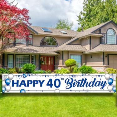 Imagem de Placa de banner de feliz aniversário de 40 anos branca e azul - decoração grande de festa de jardim ao ar livre, pano de fundo branco e azul para homens e mulheres.