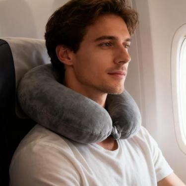 Imagem de Travesseiro de viagem de espuma viscoelástica para viagem, travesseiro de avião para viagem, carro, casa, escritório, capa lavável, Cinza escuro