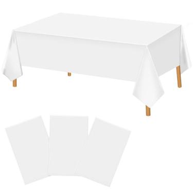 Imagem de Hxezoc Pacote com 3 toalhas de mesa brancas descartáveis de plástico, 137 x 272 cm, capa de mesa à prova d'água para festa de casamento, aniversário, chá de bebê, suprimentos de festa ao ar livre e