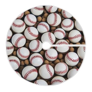 Imagem de Wassud Saia para árvore de Natal com laços seguros, bolas de beisebol lisas de 118 cm, tapete de árvore de Natal festivo para festas de ano novo, decoração de casa