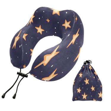 Imagem de CEBUGI Travesseiros de viagem portáteis em forma de U, travesseiro de pescoço de espuma viscoelástica com trava de corda ajustável para avião, viagem, trem, negócios, escritório, soneca (estrelas)