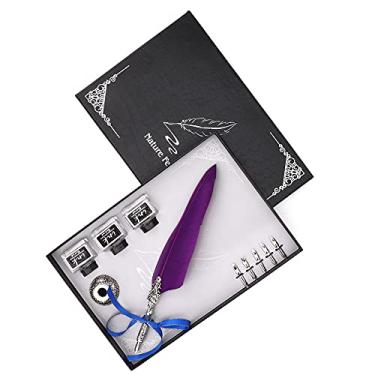 Imagem de Conjunto de canetas de pena de caligrafia retrô Caneta de imersão de liga de zinco premium com 5 pontas substituíveis Escrita suave Aperto leve e confortável Ideal para artistas (Roxa)