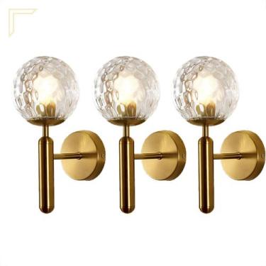 Imagem de 3 Arandela Dourada Bola Vidro Ondulado Transparente Sala De Estar Lup5