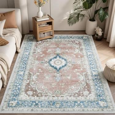 Imagem de WEZVIX Tapete lavável para sala de estar, tapete floral vintage tradicional, tapete boho macio para sala de jantar, quarto de hóspedes, escritório, quarto de crianças, casa de fazenda, berçário