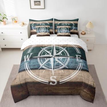 Imagem de Jogo de cama Queen com estampa de bússola, de microfibra macia, reversível, rústico, casa de fazenda, para adultos, crianças, meninos, meninas, adolescentes, vintage, conjunto de cama em uma bolsa