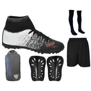Imagem de Chuteira Society Cano Alto Botinha Costurada + Caneleira + Meião + Sho