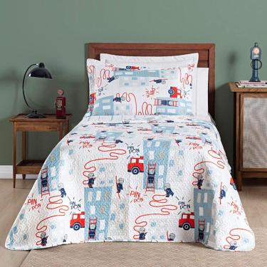 Imagem de Kit Cobre Leito Colcha Solteiro Infantil Fantasy Dupla Face Microfibra 2 Peças - Bombeiro Branco