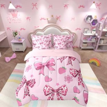 Imagem de jejeloiu Conjunto de edredom solteiro com laço de oncinha com laço rosa, 7 peças, decoração de quarto de guepardo, microfibra leve e macia