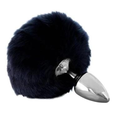 Imagem de Plug anal de metal cromado com rabo pompom preto - HARD