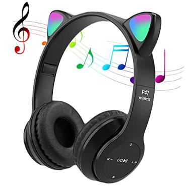 Imagem de POTIKA Fone De Ouvido Bluetooth 5.0 Sem Fio Em Forma De Orelha De Gato, Cancelamento De Ruídos, Esportivo Com Luz LED Piscando, Preto