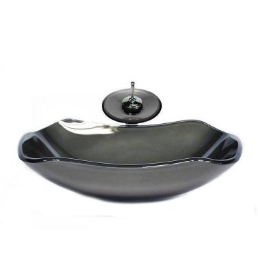 Imagem de Cuba de Vidro Abaulada 45cm + Válvula + Torneira Cascata Grafite