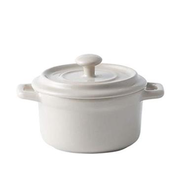 Imagem de Tigela de cereais, pratos de suflê de cerâmica, tigelas redondas de porcelana de alça dupla com alças para sopa, cereal, tigelas de sopa de ensopado para cozinha (cor: branco)