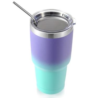 Imagem de Volhoply Caneca isolante de 900 ml com tampa e canudo, caneca de café de viagem de parede dupla para bebidas quentes/frias, cabe no porta-copos de carro, sem BPA (roxo-azul, 1