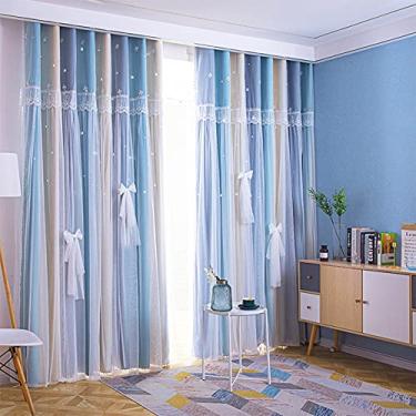 Imagem de Cortina blackout de camada dupla com estrelas abertas, misture e combine cortinas blackout de voile transparente, cortina de ilhó para quarto de meninas, com sobreposição de tule, isolamento térmico
