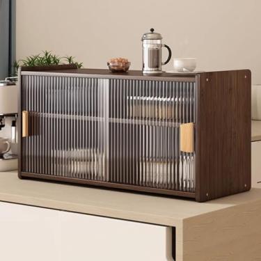 Imagem de Armário de armazenamento de banheiro de bambu, unidade de exibição de parede de madeira com prateleiras destacáveis, organizador de mesa de cozinha com porta deslizante, prateleira de remédios sobre