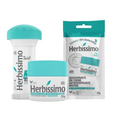 Imagem de Kit Desodorante Creme Antitranspirante Neutro Herbíssimo 55G + Desodorante Twist Neutro 45G + Sachê Refil Neutro 45