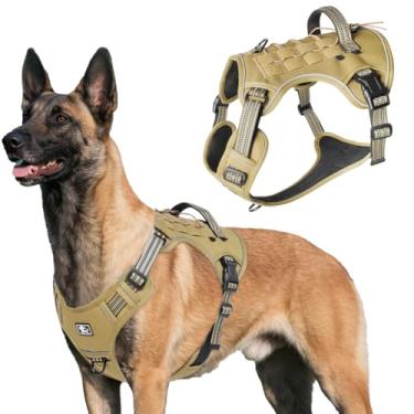 Imagem de Peitoral tático para cães grandes, sem puxão, K9 Molle, colete com alça, peitoral militar ajustável para animais de estimação com acabamento refletivo para cães médios (cáqui, GG)