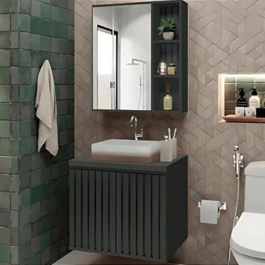 Imagem de Conjunto Gabinete de Banheiro 60cm Ripado C/Cuba Espelheira (Grafite)