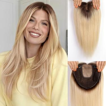 Imagem de HAIRCUBE Toppers de cabelo humano de 40 cm para mulheres com queda de cabelo - base grande de 23 x 23 cm, sem franja (loiro claro)