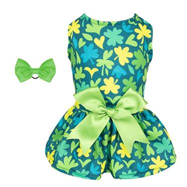Imagem de CuteBone Vestido de malha para cachorro Dia de São Patrício Vestido de verão para cães pequenos Vestidos de menina Roupas de cachorro verde BF07XXS