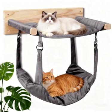 Imagem de JSPYFITS Rede de parede de madeira para gatos, rede de móveis de camada dupla de 40 x 30 cm, cama grande removível para gatos para dormir/brincar/escalar/relaxar fácil instalação DIY (cinza)