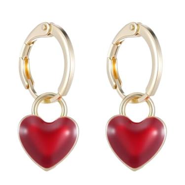 Imagem de Brincos pendentes vintage de coração vermelho, argolas de pingente de esmalte dourado, brincos femininos minimalistas, banhados a ouro, argola minúscula de zircônia cúbica, presentes de joias de liga