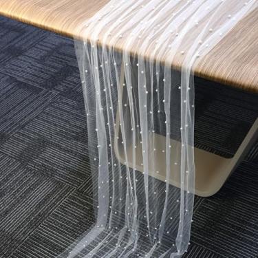 Imagem de Caminho de mesa de pérola, toalha de mesa de renda pérola 300 x 90 cm toalha de mesa de tecido de tule macio decorações de mesa para chá de panela, festa de aniversário, decoração de arco de casamento