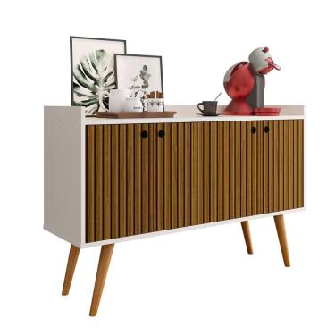 Imagem de Aparador Buffet Dallas Pés Palito Retrô 4 Portas Decoração Sala Jantar Cantinho Café - Off White|Ripado Nature - RPM Móveis