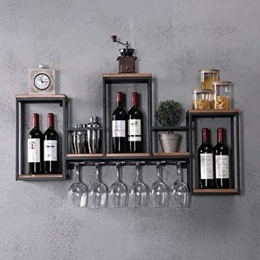 Imagem de Rack de vidro de vinho montado na parede - suporte para garrafa de vinho, expositor suspenso de ferro/madeira industrial, armário de prateleira de armazenamento decorativo de suspensão para