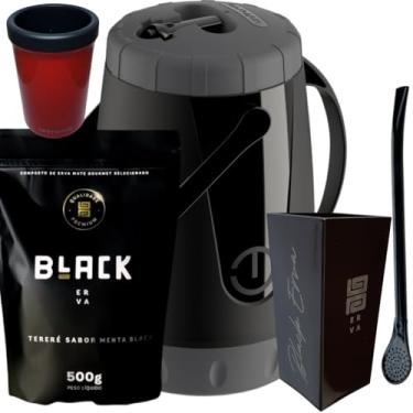 Imagem de Kit Para Tereré Garrafa Lisa Black Erva Mate 500g Copo Cuia Quadrado Acrílico Bomba Clássica Preta (MENTA BLACK)