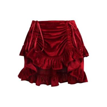 Imagem de Daisy corsets Saia feminina de veludo vermelho escuro franzido, Vermelho, 32-36 Short